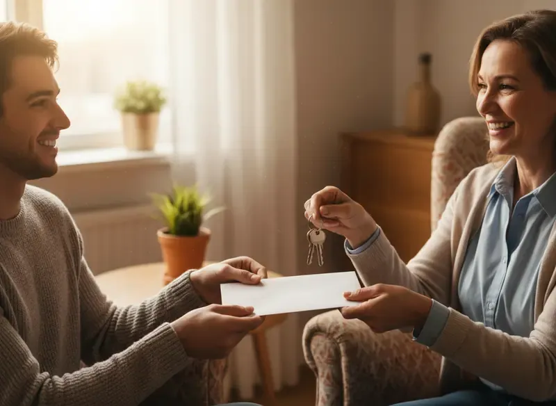 Person receiving support funds and keys from a nonprofit worker