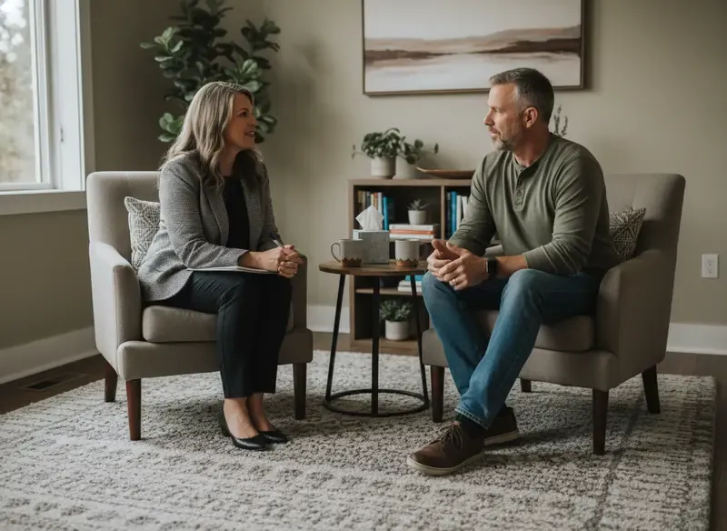 Licensed counselor and veteran client in a supportive therapy session
