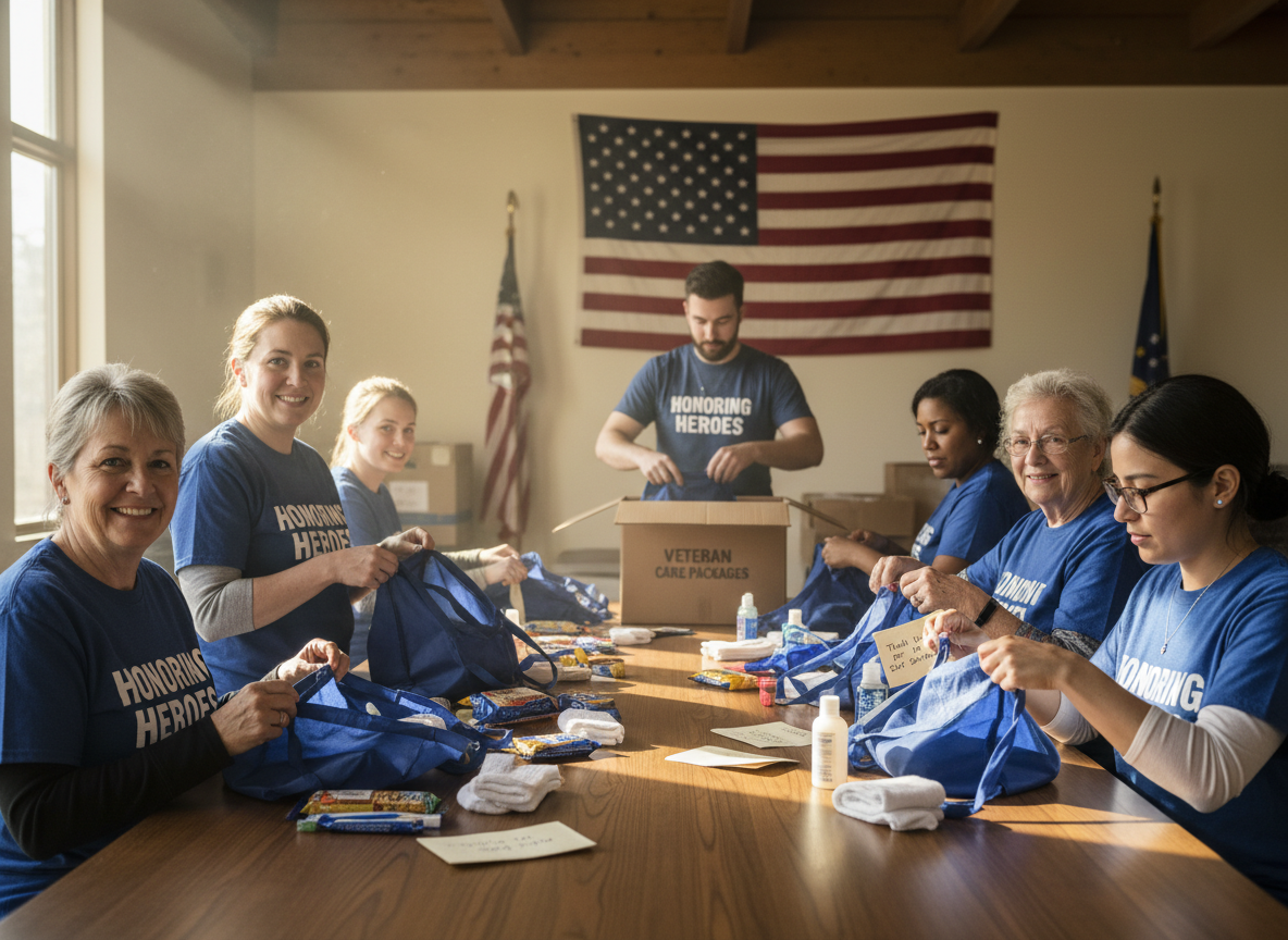 Care package assembled with supplies for veterans