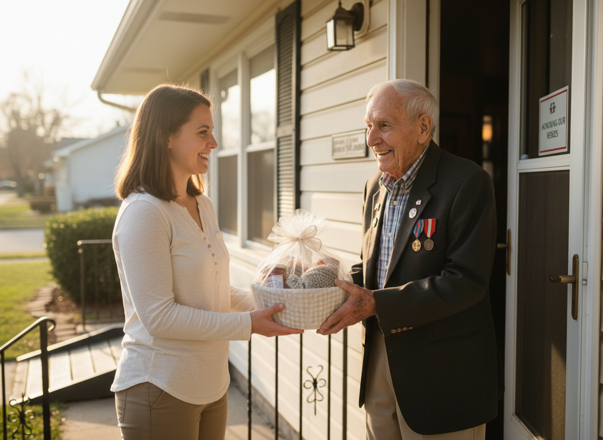 Volunteer delivering gifts to a homebound veteran