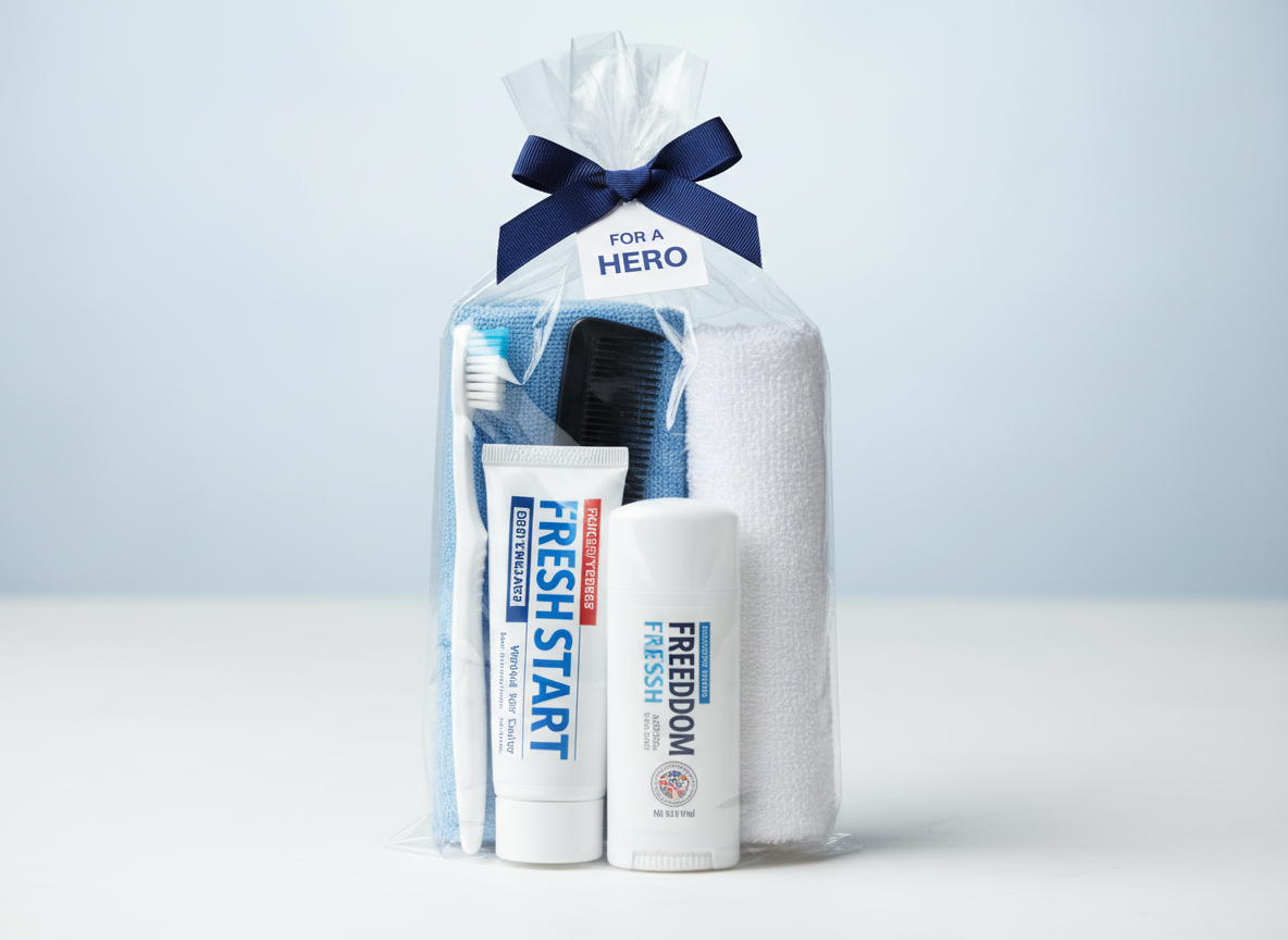 Hygiene basket with toiletries for veterans