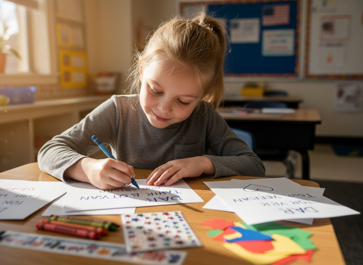 School children writing cards for veterans